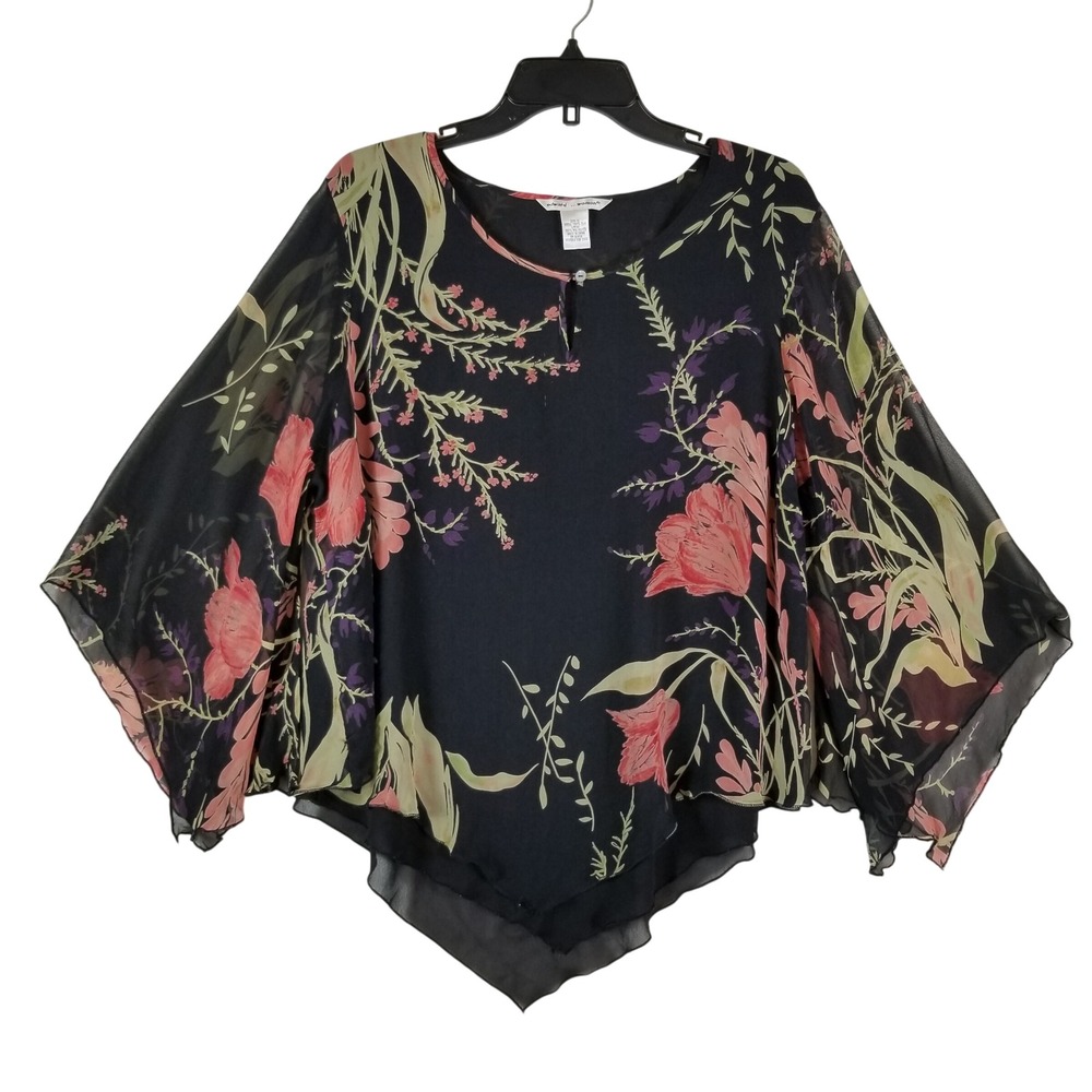 Edward Woman Blouse Womens 1X Black Floral 100% Silk Angel Sleeve Chiffon Top